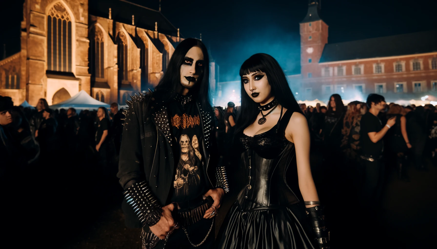 A blackmetalhead man and a gothic woman at Wave-Gotik Treffen 2024, standing at night in front of illuminated gothic buildings, surrounded by other festival-goers.