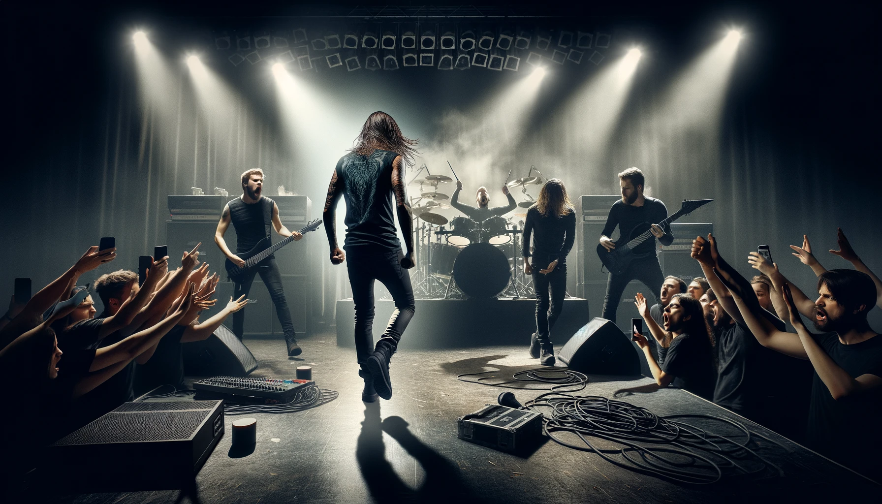 A powerful scene of a metal band breaking up on stage, with the bassist storming off and the drummer kicking over his drum set. Bands That Broke Up On Stage.