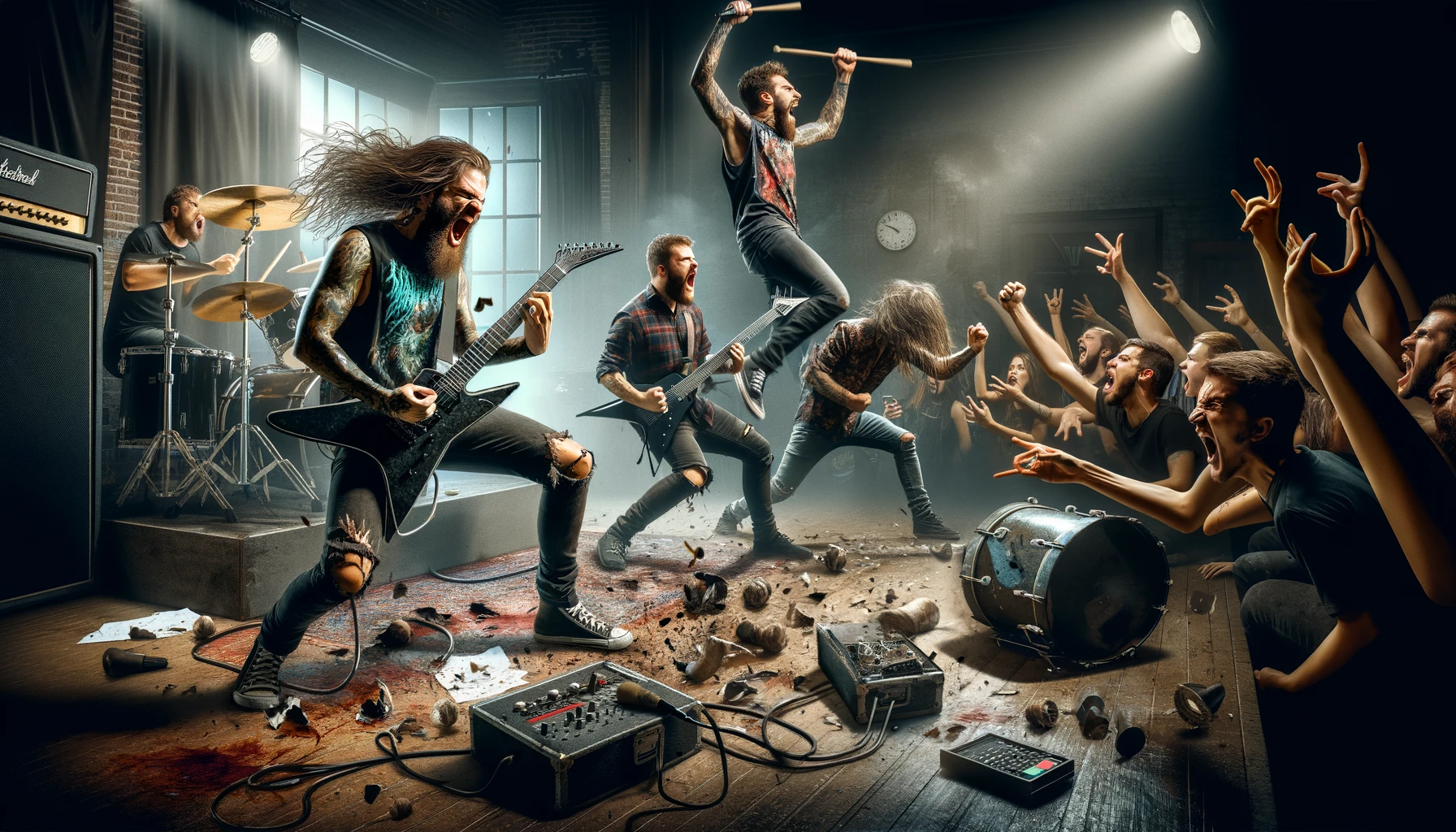A chaotic scene of a metal band breaking up on stage, with instruments being thrown and band members in disarray. Bands That Broke Up On Stage.