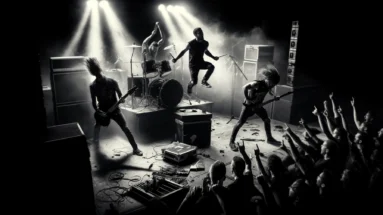 A dramatic scene of a metal band breaking up on stage, with the lead singer walking off angrily. Bands That Broke Up On Stage.
