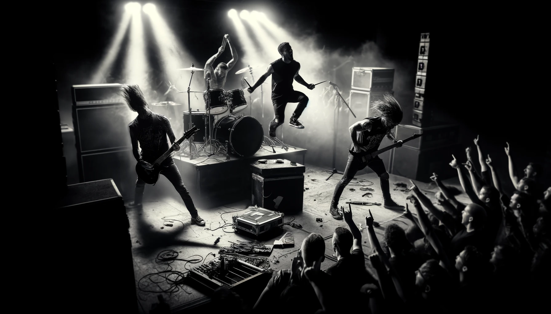 A dramatic scene of a metal band breaking up on stage, with the lead singer walking off angrily. Bands That Broke Up On Stage.