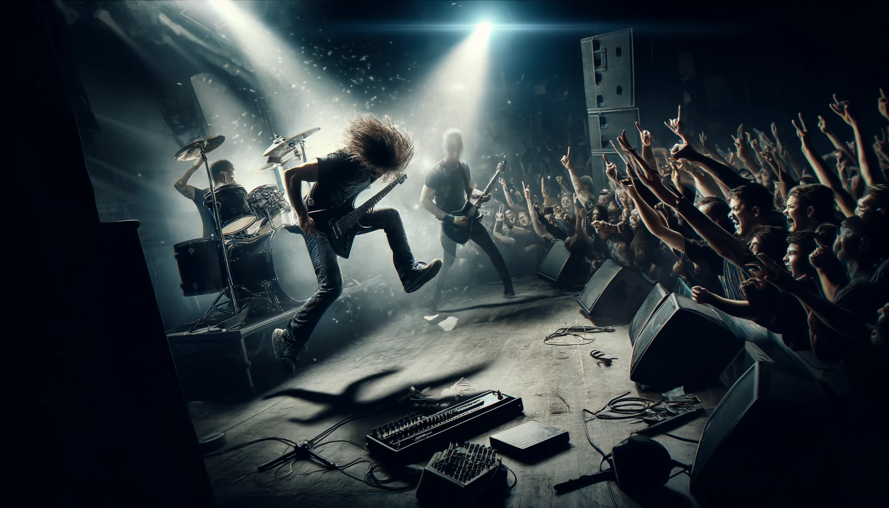 A dramatic scene of a metal band breaking up on stage, with the drummer walking off and the guitarist throwing his instrument. Bands That Broke Up On Stage.