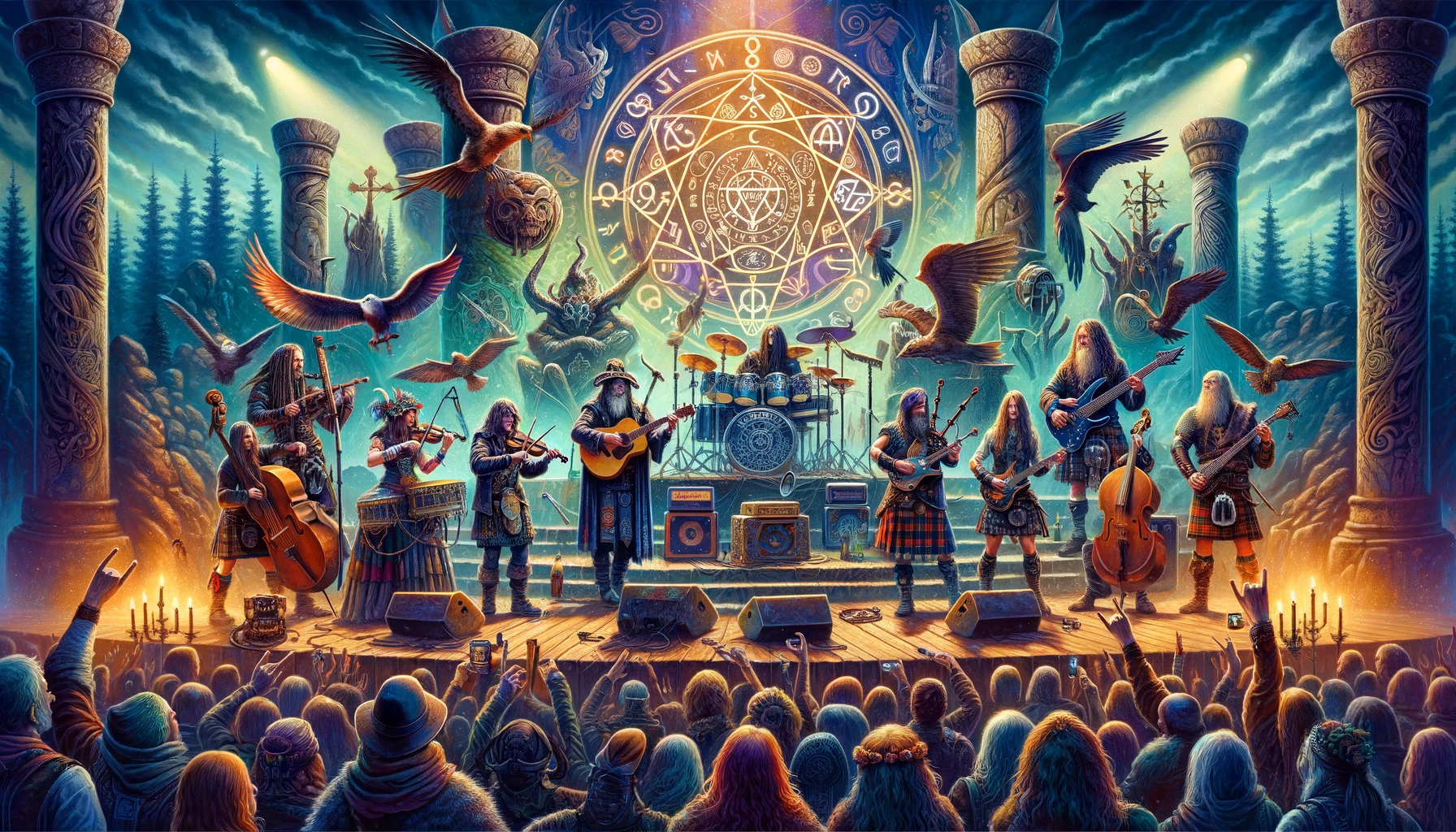 A vibrant scene of a folk and pagan metal concert with ancient symbols and traditional instruments like fiddles, flutes, and bagpipes, alongside electric guitars and drums. The background showcases a blend of natural and mystical elements, reflecting themes of mythology and nature worship.