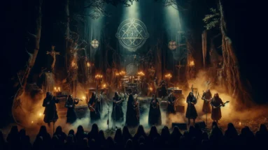 Preserving Heritage: A dark and mystical scene of a folk and pagan metal concert set in an ancient forest. The stage is surrounded by tall, shadowy trees and illuminated by flickering torches, creating an intense and magical atmosphere.