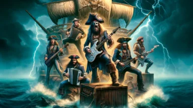 Now Playing: Alestorm - Keelhauled: A high-energy scene showing Alestorm performing on a pirate ship during a storm, with band members dressed as pirates and playing electric guitars, drums, and an accordion, with lightning in the background.