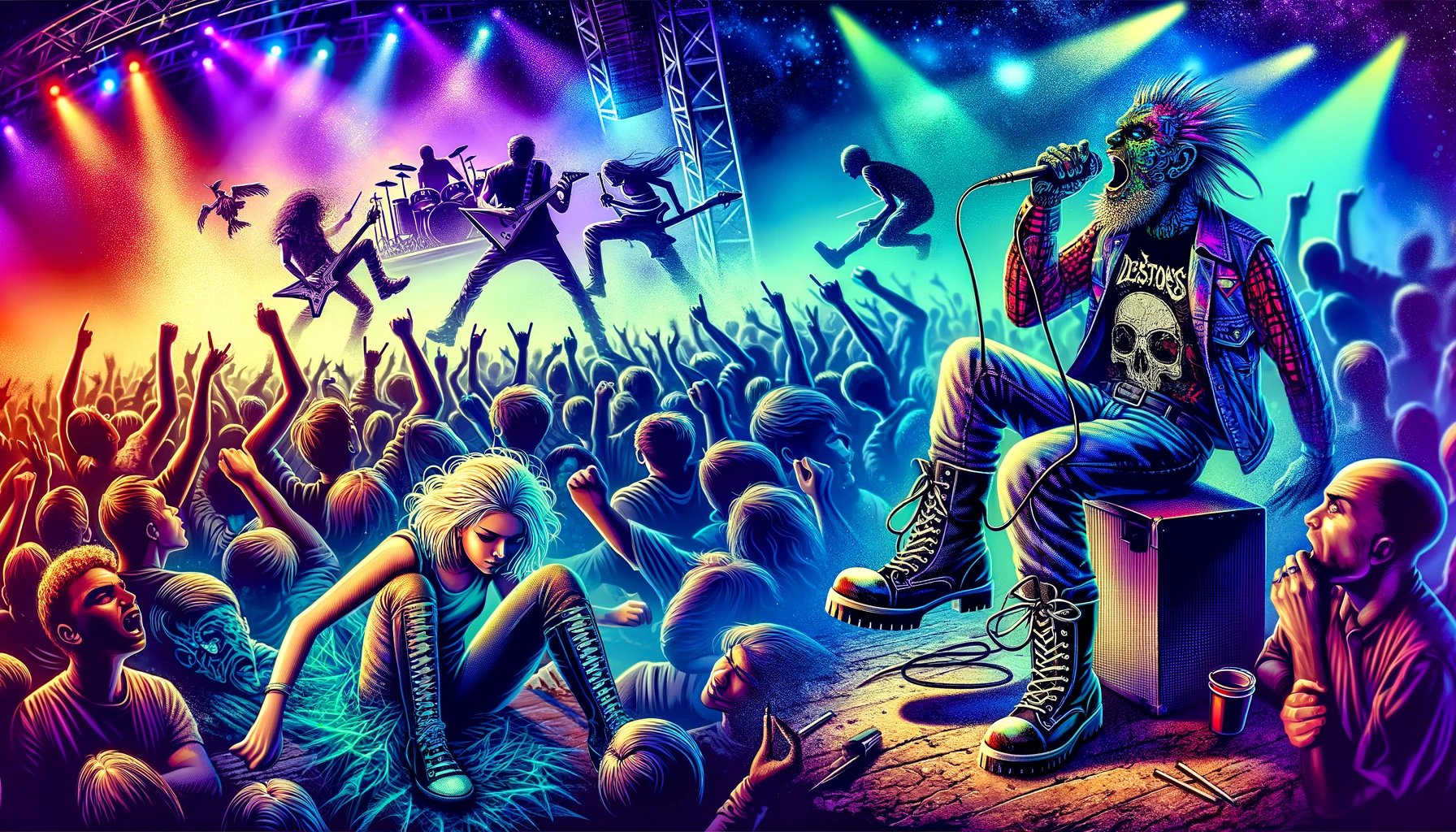 A vibrant and chaotic metal concert scene with a focus on two individuals. One dressed impractically in high heels and tight jeans, struggling in the crowd, illustrating fashion over function.