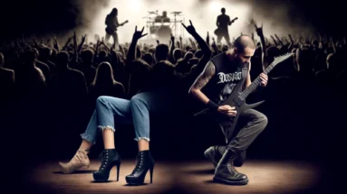 A metal concert scene with two individuals highlighted. One is dressed impractically in high heels and tight jeans, struggling to enjoy the mosh pit, showcasing fashion over function.