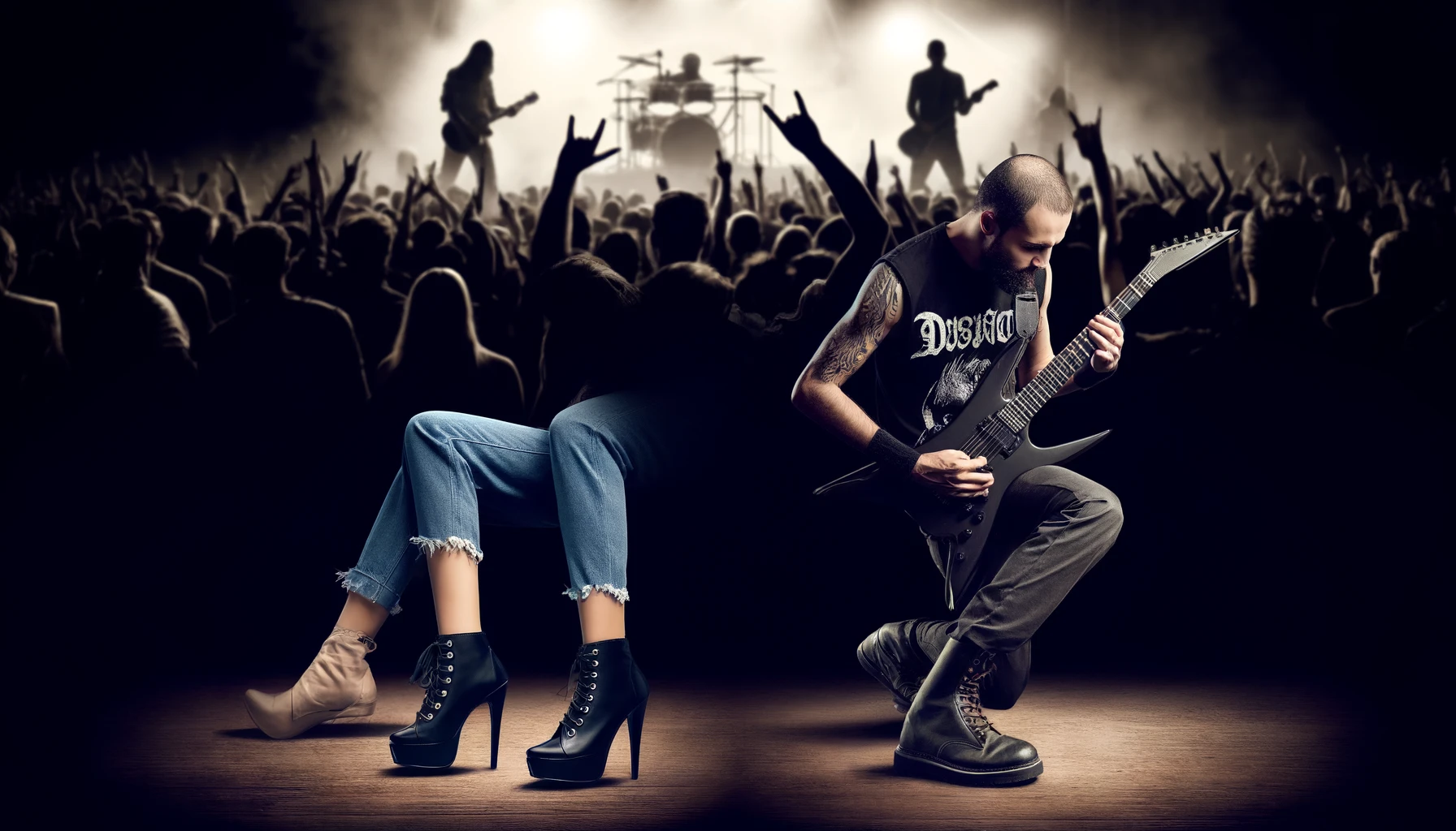 A metal concert scene with two individuals highlighted. One is dressed impractically in high heels and tight jeans, struggling to enjoy the mosh pit, showcasing fashion over function.
