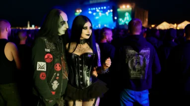 Night scene of a gothic couple at Bloodstock 2016 Festival, with concert stage lights in the background.