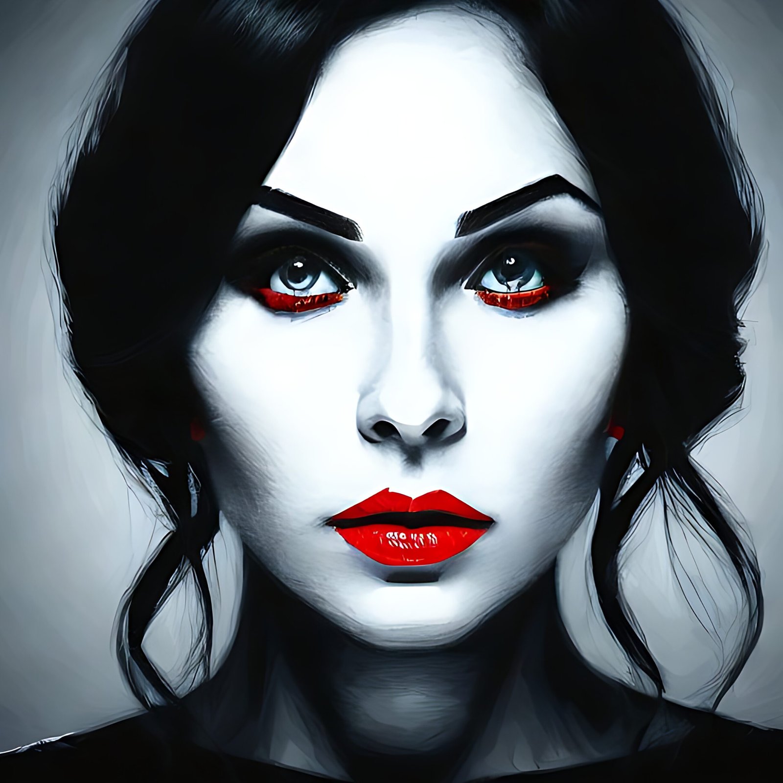 Portrait of a woman with a bob haircut and vibrant red lips, featuring a minimalistic and modern artistic style.