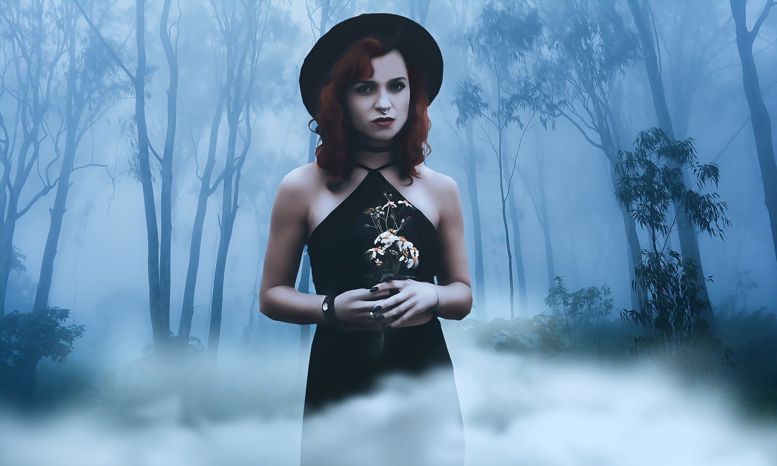 Gothic woman in a black dress holding flowers in a foggy forest, symbolizing the trust and thrill of knife play.