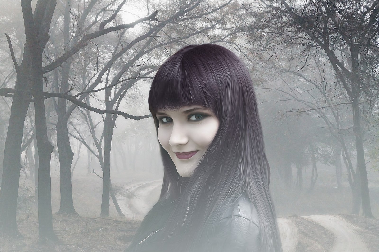 Gothic woman with dark hair smiling in a misty forest, representing the controlled danger and trust of knife play.