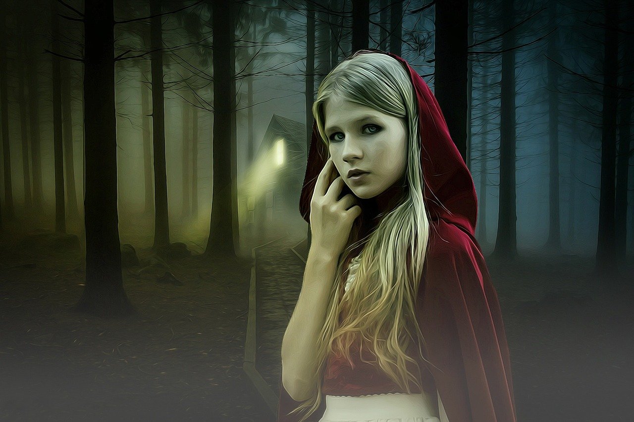 girl in a red hood in a dark, eerie forest, highlighting the psychological thrill of knife play.