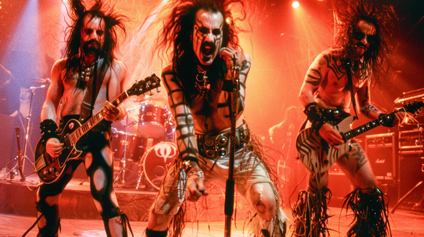 Intense live performance by a metal band, with members in dynamic action, epitomizing the raw energy of Underground Metal Albums.