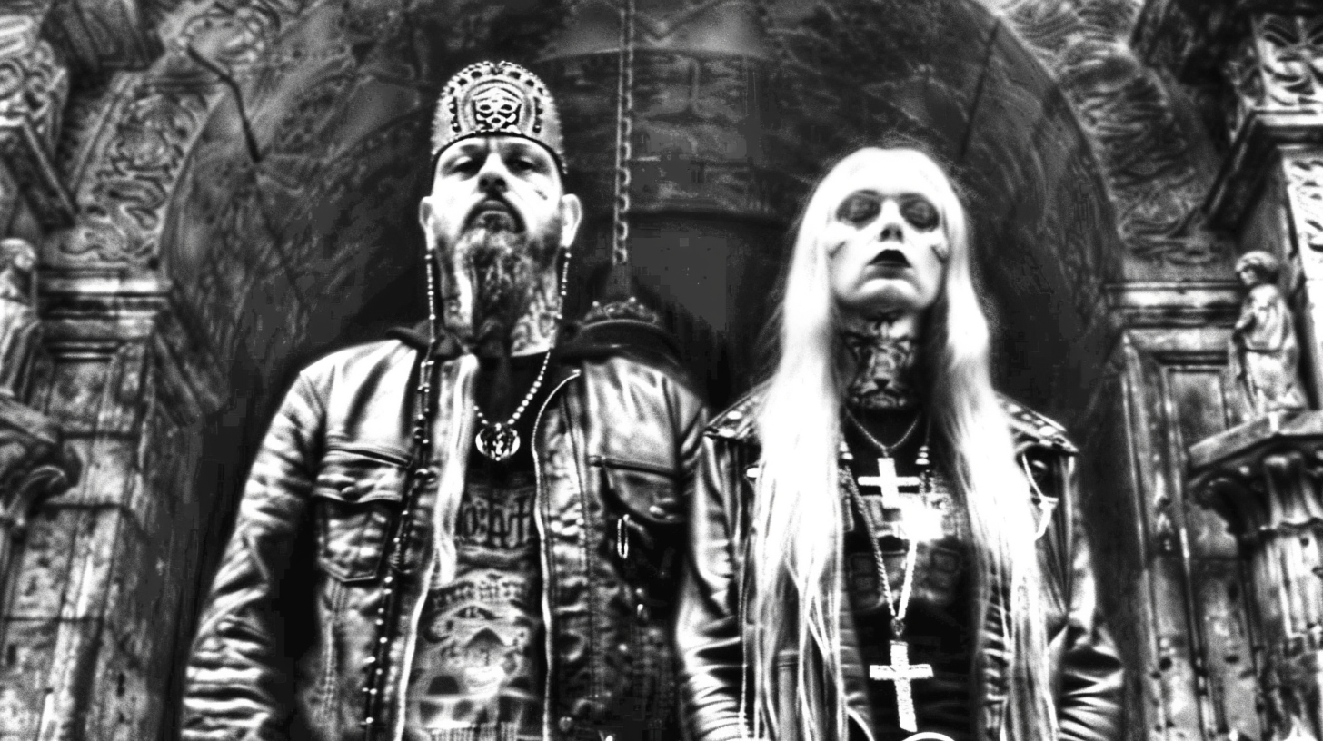 Gritty black and white image of a metal band in gothic attire, standing solemnly, aligned with the theme of Underground Metal Albums.