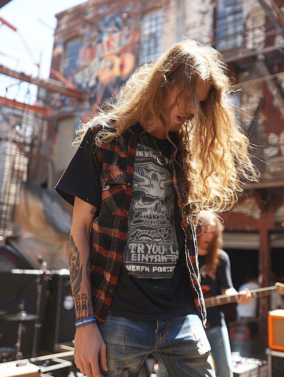 A bass player performing at an outdoor metal concert, dressed in casual and functional attire, emphasizing the practicality over fashion in a live music setting.