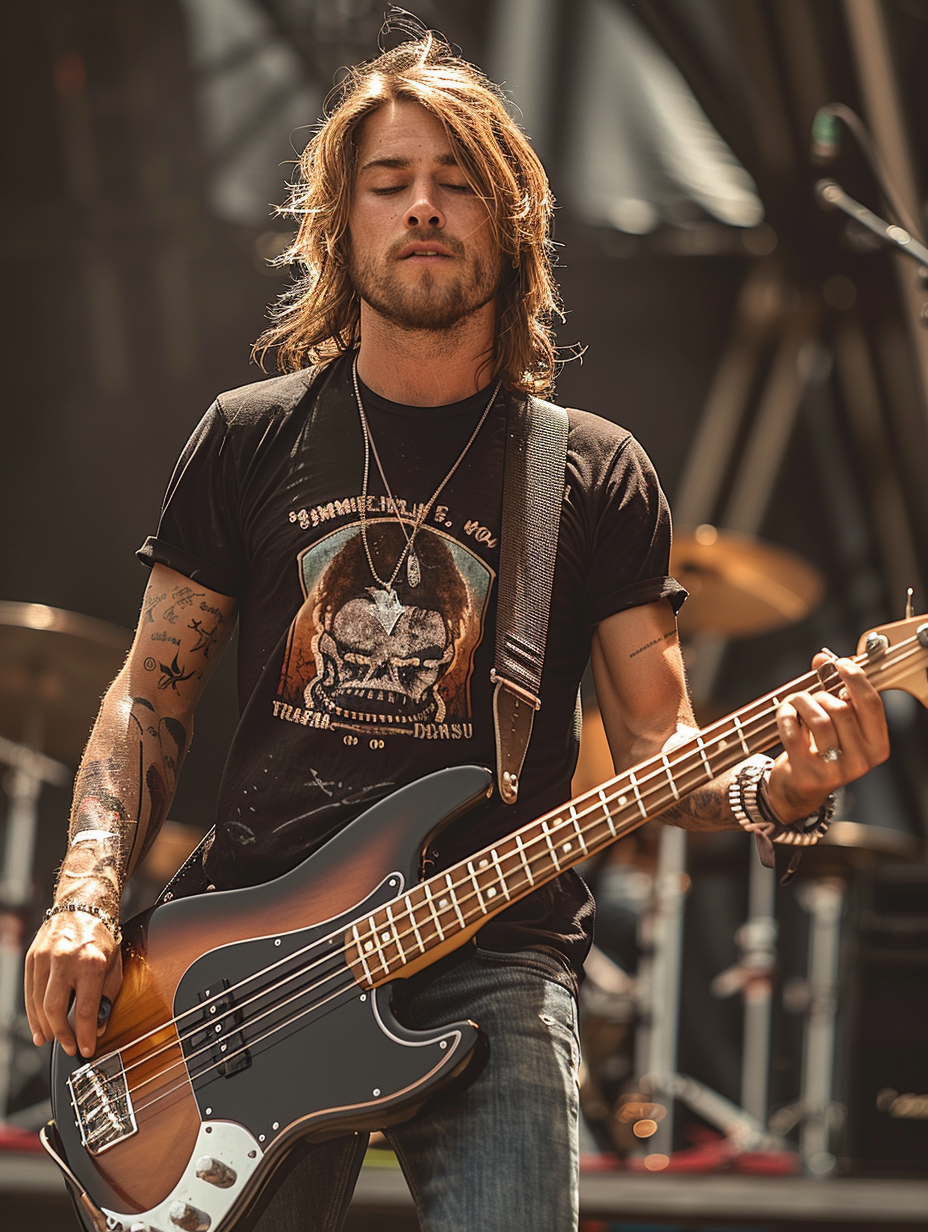 A metal guitarist passionately playing on stage, highlighting the contrast between practical attire and the concept of fashion over function.