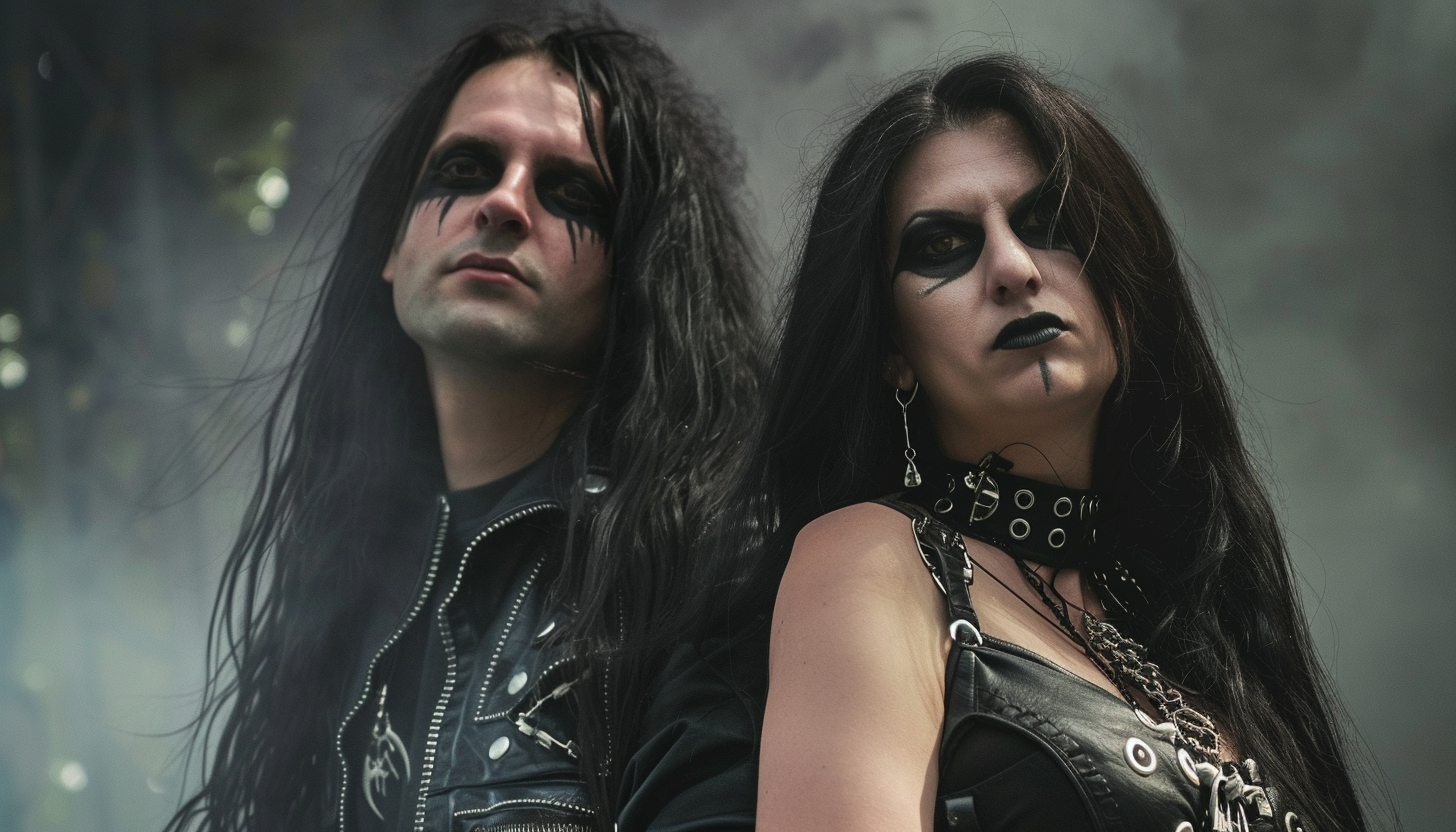Close-up of a goth couple at Resurrection Fest, with both sporting long black hair and smokey eye makeup.