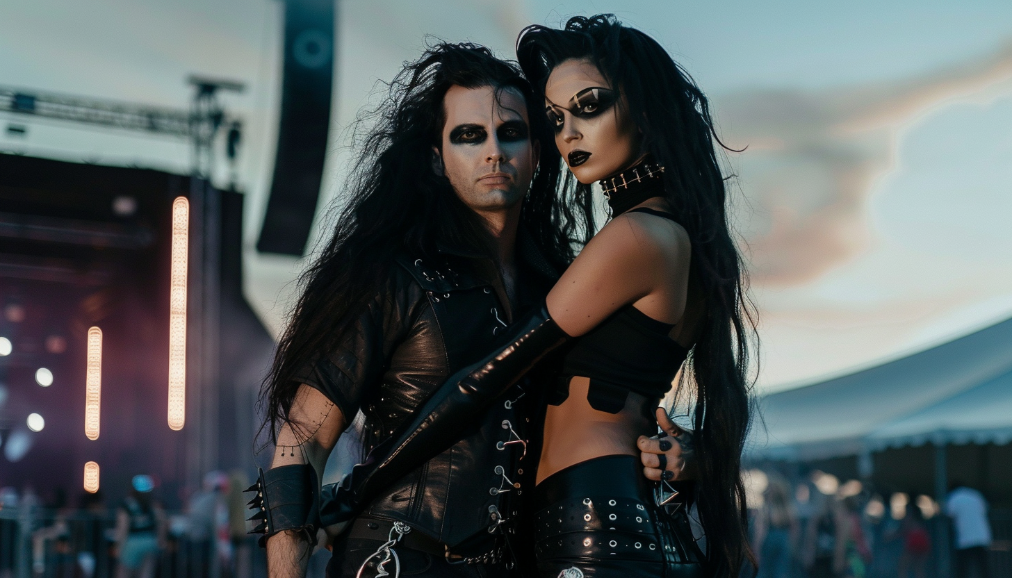 Goth couple at Resurrection Fest 2015 in elaborate black leather, exuding dark charisma.