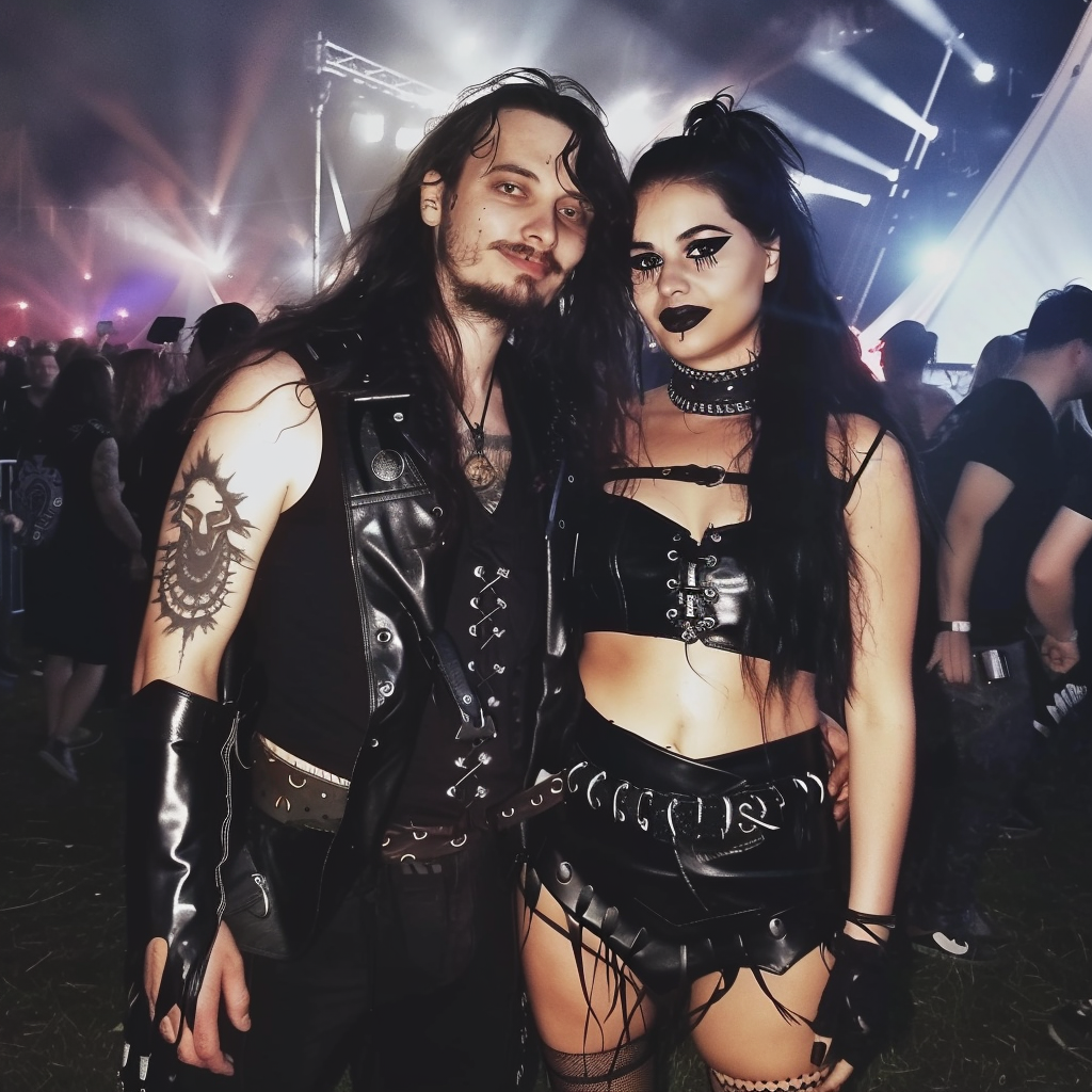 Stylish goth couple at Resurrection Fest, with striking black outfits and festival stage in the backdrop.