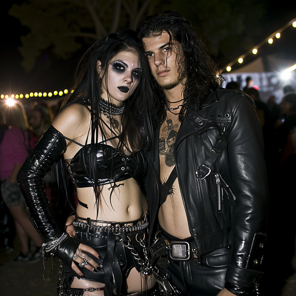 A gothic couple at Bloodstock 2017 Festival, man with long hair and leather jacket, woman in latex outfit with corset and fishnets.