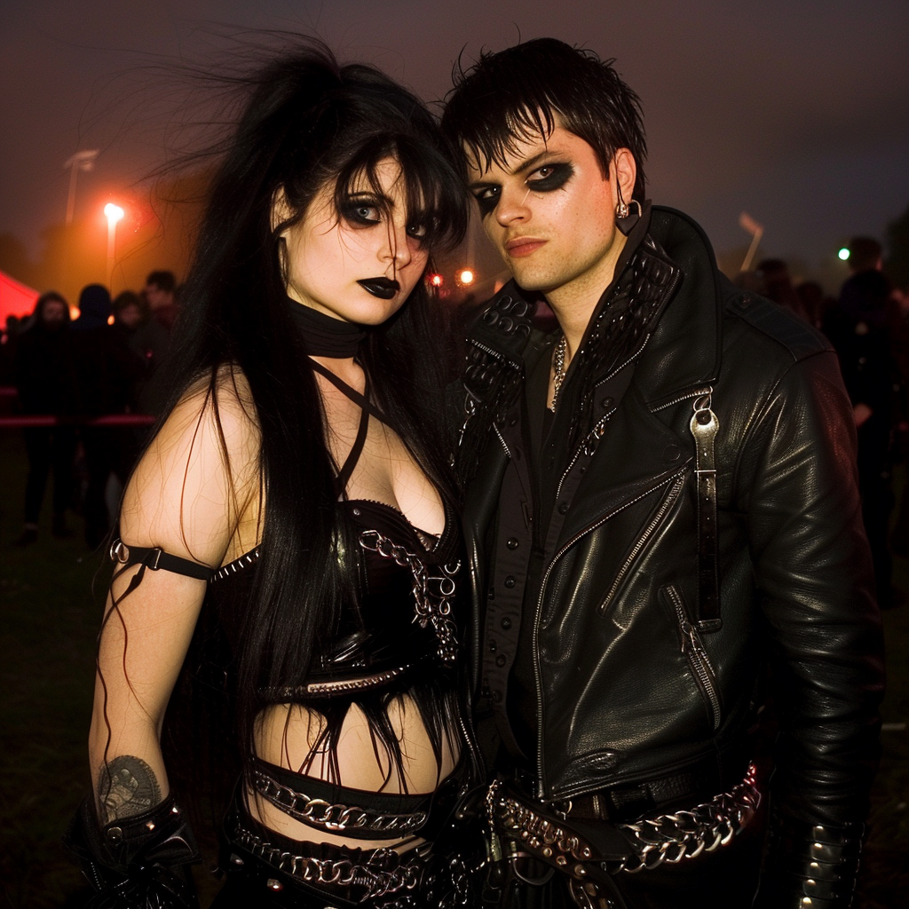 Two goths at Bloodstock 2018, evening shot with woman in black latex and man with studded leather jacket.