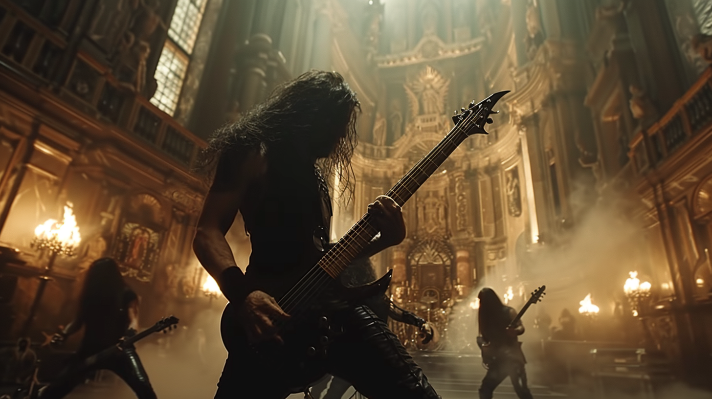 Powerwolf - Sainted by the Storm, a metal guitarist performing in a fiery cathedral setting with dramatic lighting and intense expression.