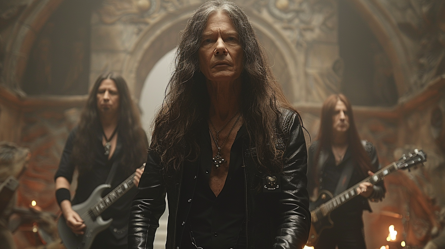 A scene from Powerwolf - Sainted by the Storm music video showing a heavy metal band performing in an ornate gothic cathedral.