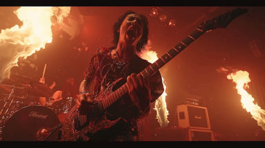 Powerwolf - Sainted by the Storm, a heavy metal guitarist performing energetically onstage surrounded by dramatic fire effects.