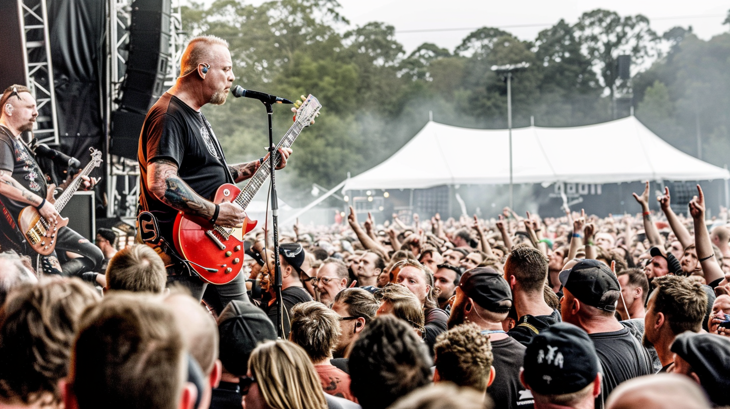 Intense performance by a metal band at a music festival, capturing the enduring spirit amidst the Music Festivals Have Sold Out trend.