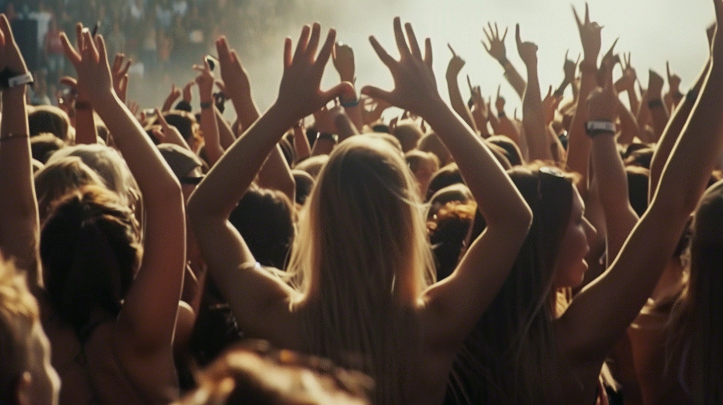 Crowd of festival-goers with hands raised at a music festival, illustrating the theme Music Festivals Have Sold Out.