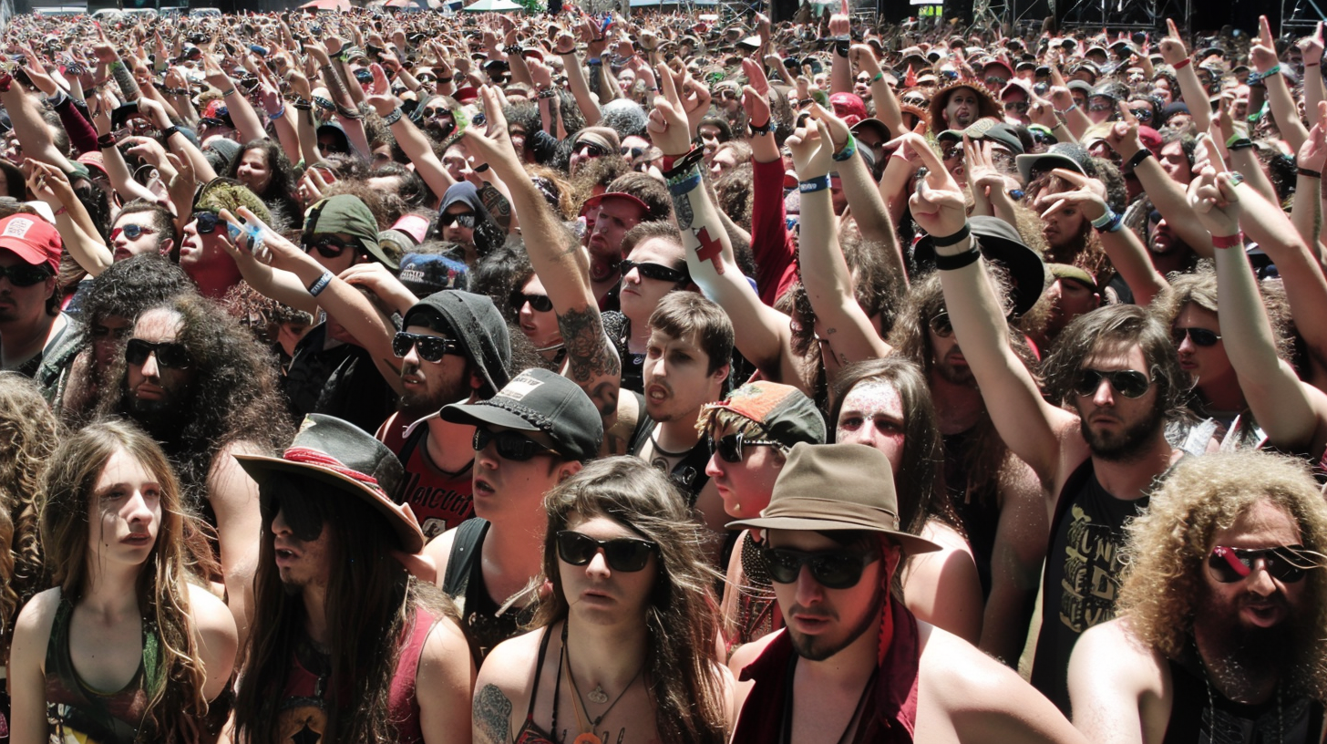Diverse crowd of metal fans raising their fists at a music festival, embodying the shift described in Music Festivals Have Sold Out.
