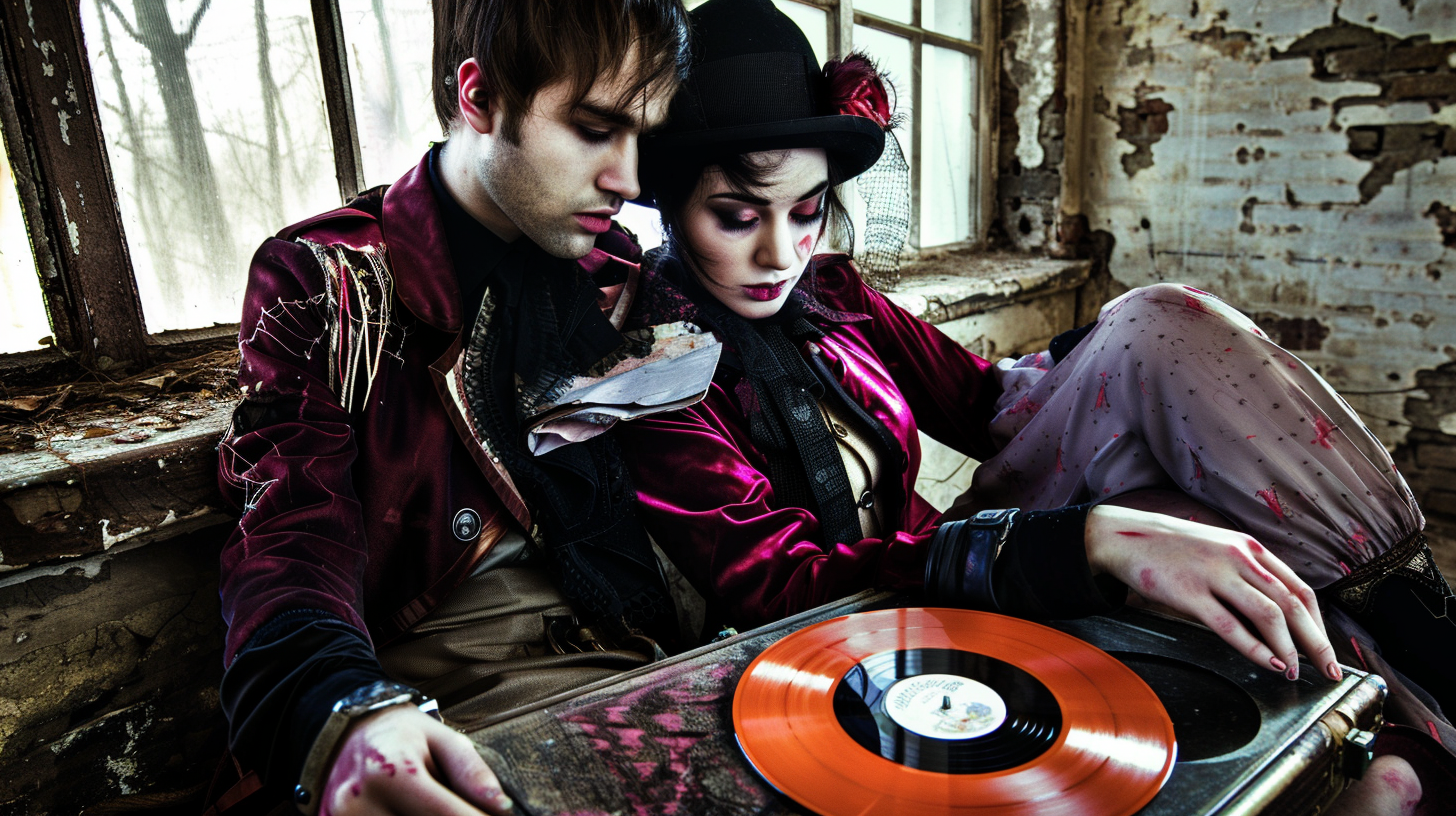 Couple in a grungy setting with vinyl records, showcasing Vinyl Rules.