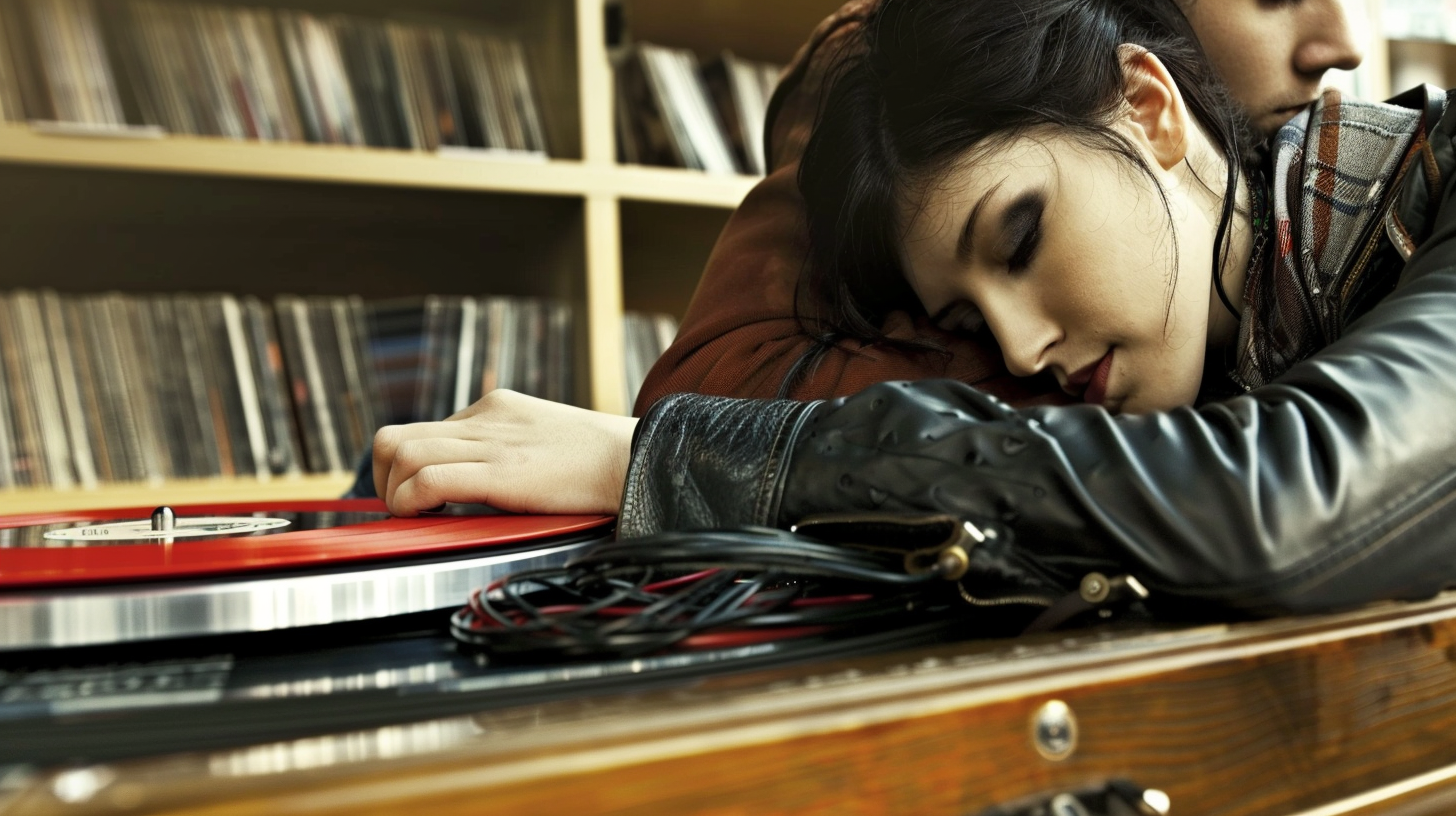 A couple resting on a turntable, surrounded by vinyl records, emphasizing Vinyl Rules.
