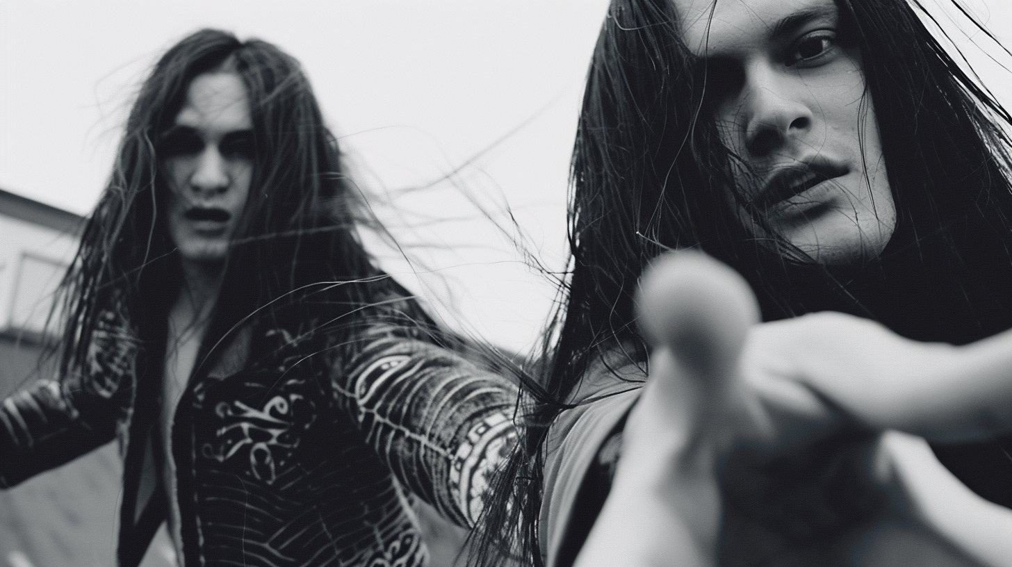 Moody portrait of a gothic couple in a windswept pose, with intricate dark clothing and striking makeup, conveying an intense, mysterious aura. Ashbury Heights - SmALLer.