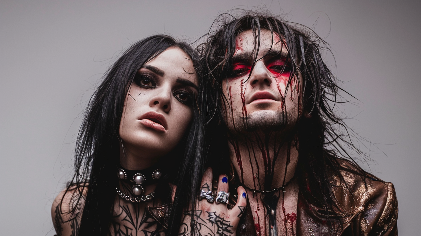 Darkly dramatic couple in gothic attire posing intensely, the woman with striking makeup and the man with smeared blood under stark lighting. Ashbury Heights - SmALLer.