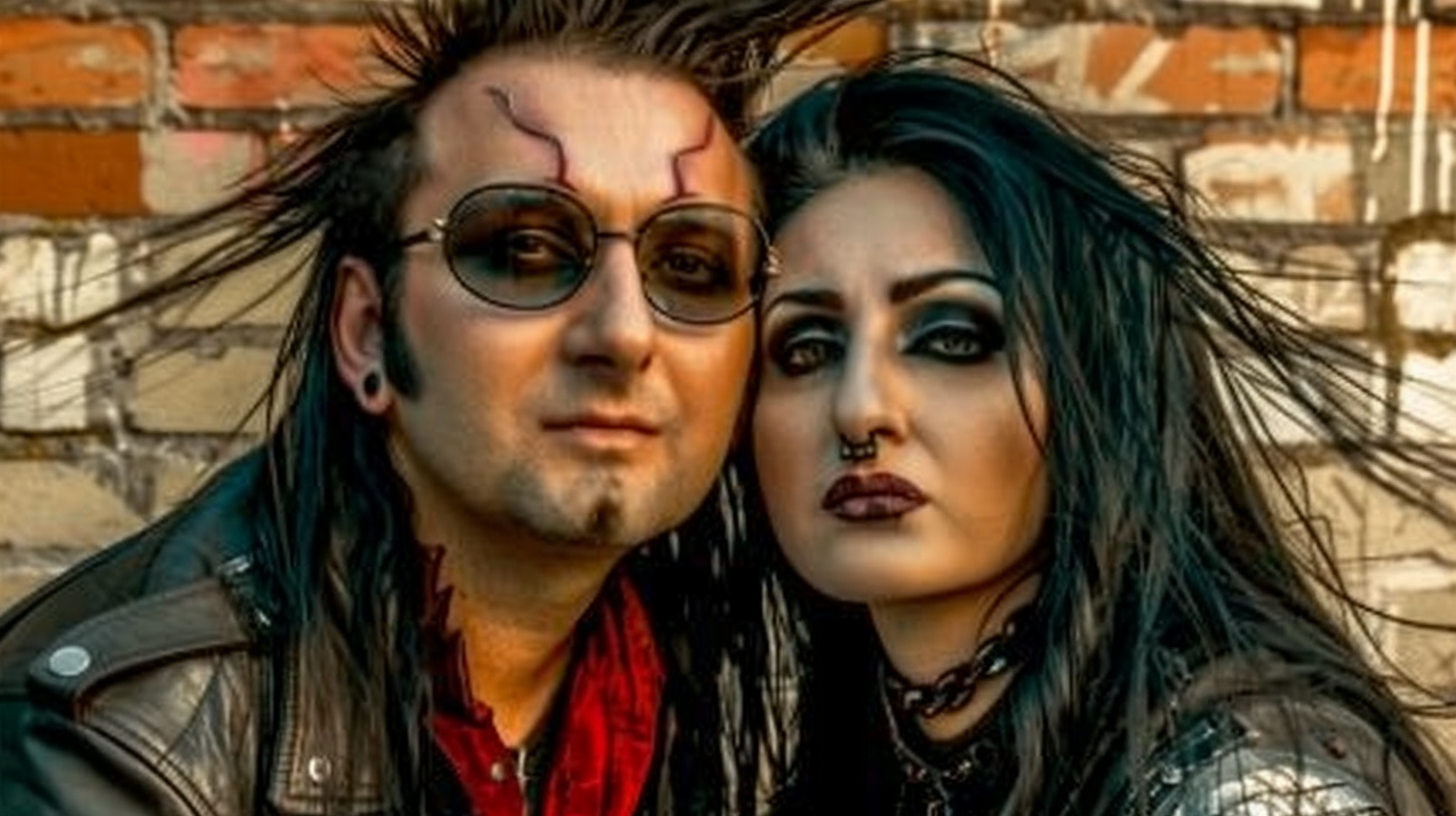 Urban gothic couple with piercings and tattoos posing against a brick wall, the man with unique forehead markings and the woman with deep black eye makeup. Ashbury Heights - SmALLer.