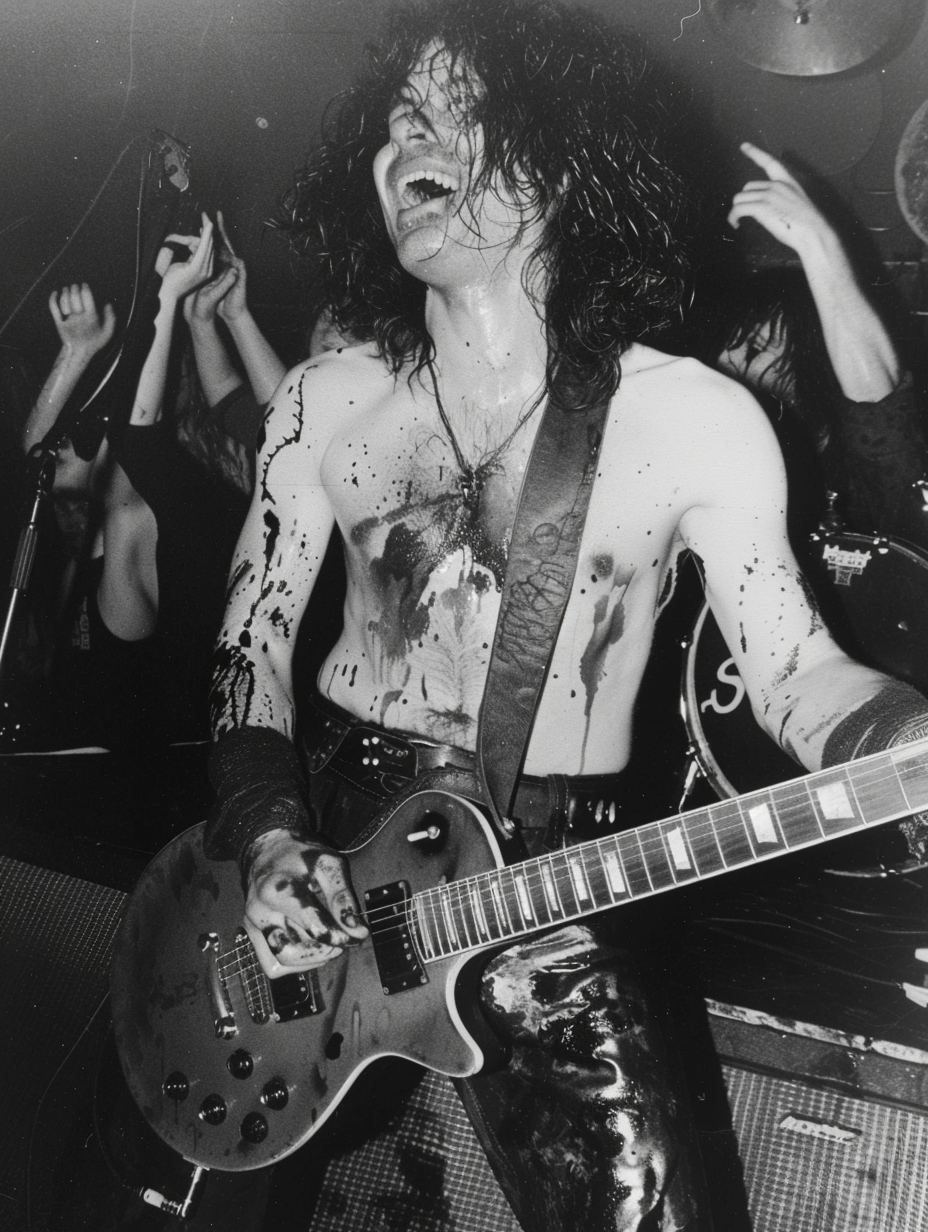 Metal guitarist playing energetically with a wild crowd in the background during a live concert. Bands That Broke Up On Stage.