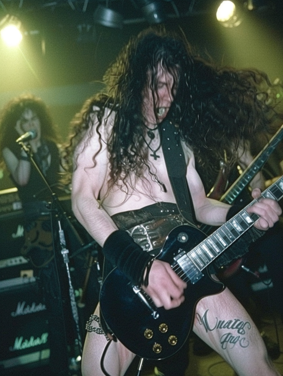 Metal guitarist performing intensely with wild hair and a fierce expression, representing the passion of metal music. Bands That Broke Up On Stage.