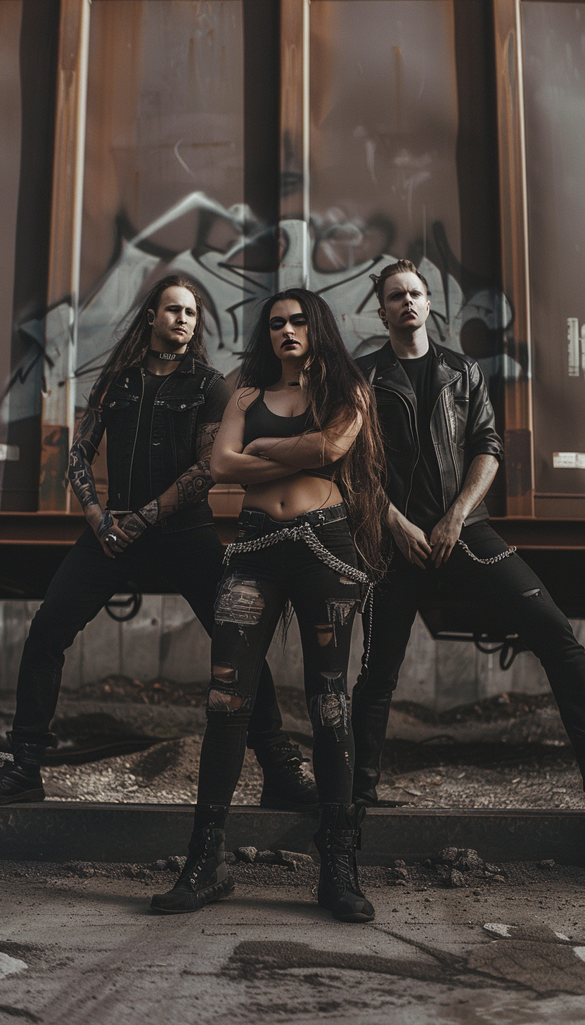 Heavy metal trio, featuring one female and two male members, in front of graffiti-covered train carriages, projecting an edgy, rebellious vibe.
