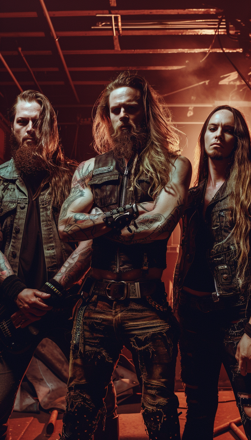 Three male heavy metal musicians in a dark, industrial setting with intense red lighting, showcasing their rugged style and fierce expressions.
