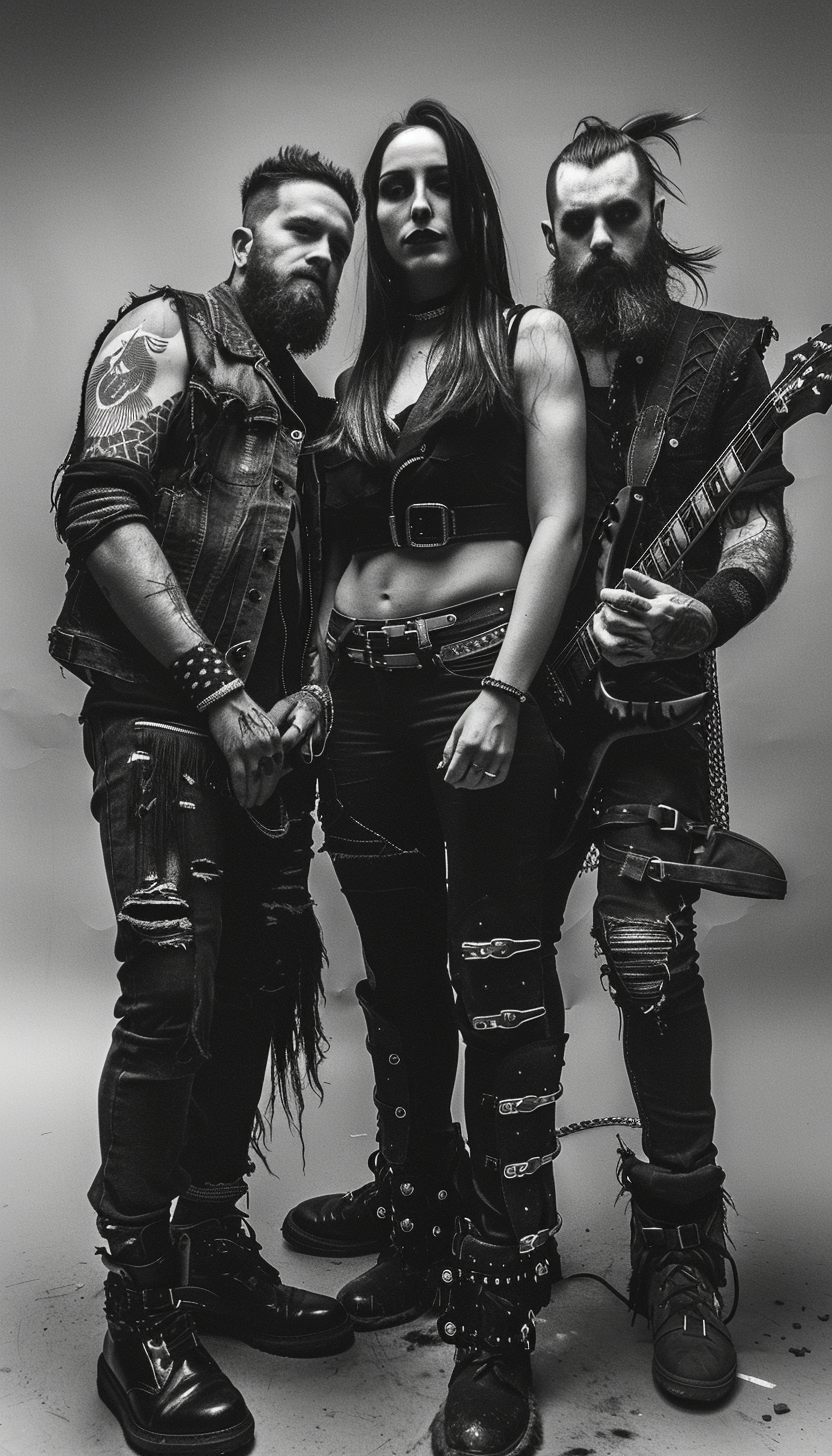 Black and white image of a mixed gender heavy metal trio, featuring one woman and two men, exuding confidence and unity in their punk-infused metal attire.