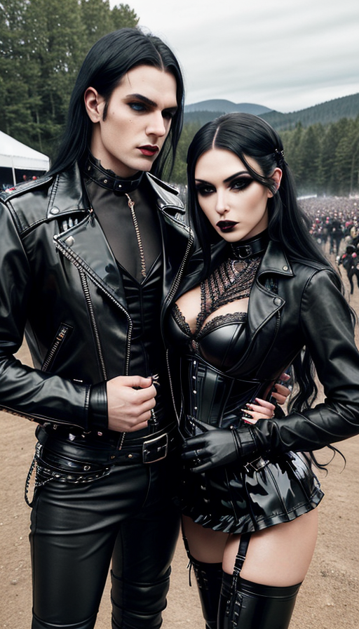 Gothic couple at Arvika Festivalen 1998, in matching black leather outfits, with intricate accessories and makeup.