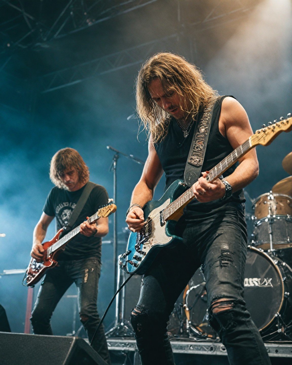Two metal guitarists performing on stage with intense expressions and powerful riffs. Bands That Broke Up On Stage.
