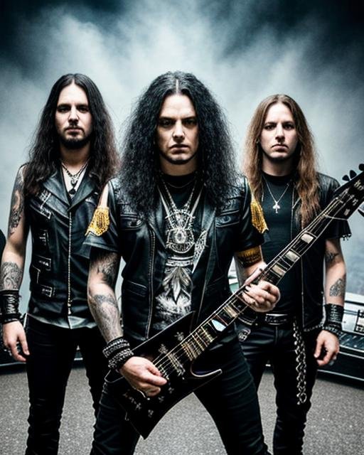 Three male heavy metal band members in black leather outfits, confidently holding a guitar, against a cloudy sky backdrop, symbolizing their powerful stage presence.