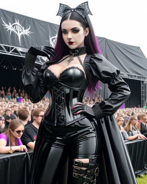 Woman in gothic black ensemble with purple hair accents at Arvika Festivalen 1999, in front of festival stage.