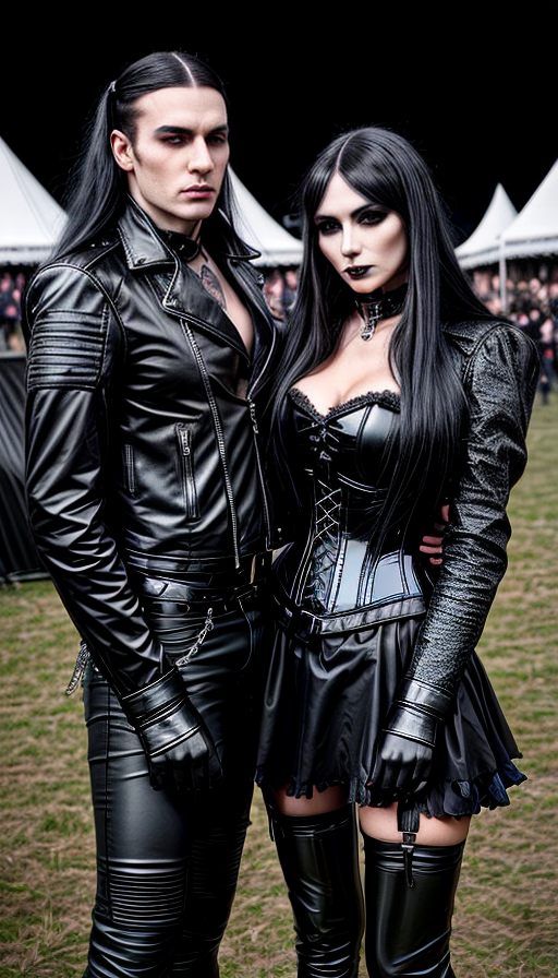 Gothic pair posing at Bloodstock 2019, both in black leather and intricate goth attire.
