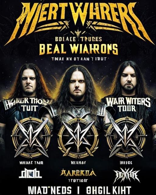 Promotional tour poster for a heavy metal band featuring three male members in striking warrior attire, emphasizing the theme 'Warriors of the World.'