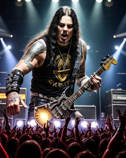 Male heavy metal guitarist performing energetically on stage, surrounded by vibrant concert lights and a captivated crowd, epitomizing live metal music fervor.