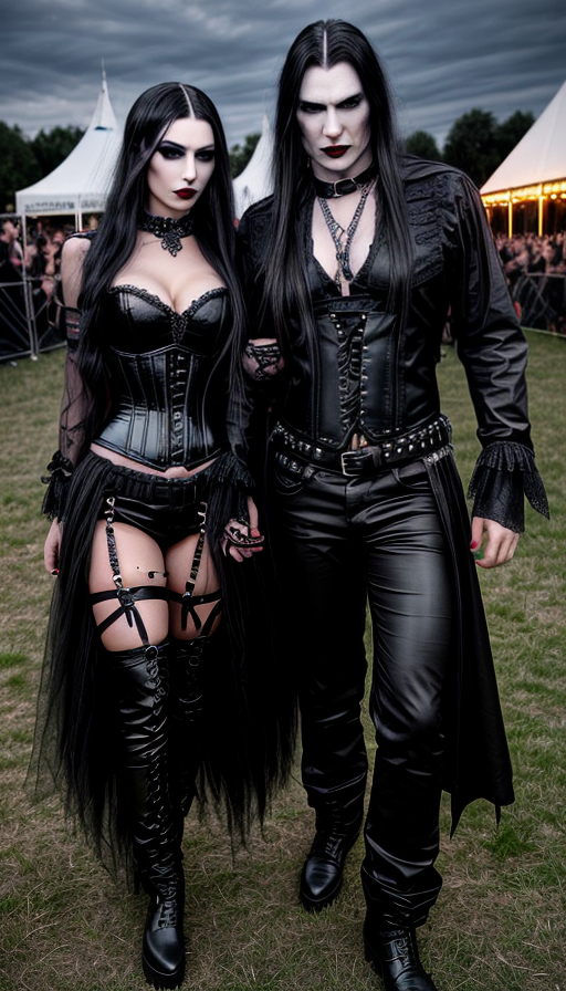 Gothic pair at Leyendas del rock 2013, dressed in black with intricate makeup, standing confidently with a dark sky in the background.